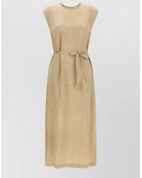 Peserico - Viscose Midi Dress Belted Waist Back Slit - Lyst