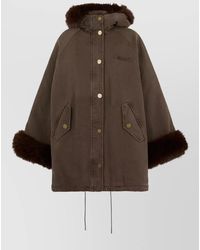 Pinko - Cotton Hooded Faux Fur Sleeve Oversized Coat - Lyst