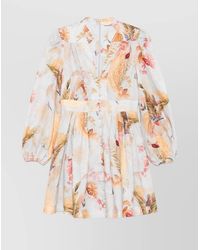 Zimmermann - Linen Floral-Print V-Neck Long-Sleeve Mini Dress - Lyst
