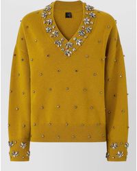 Pinko - Wool Cashmere Crystal Embellished V-Neck Long-Sleeve Sweater - Lyst