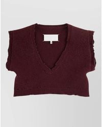 Maison Margiela - Wool Distressed Cropped V-Neck Sleeveless Ribbed Knitted Top - Lyst