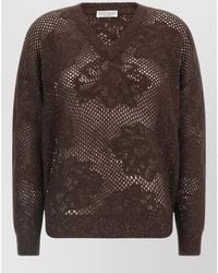 Brunello Cucinelli - Lace Floral Mesh V Neck Sweater - Lyst