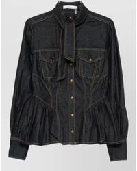 Zimmermann - Denim Fitted Pussy-Bow Peplum Shirt - Lyst
