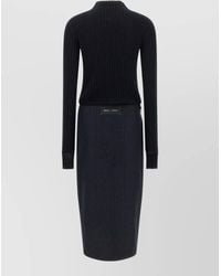 Pinko - Ribbed High-Neck Long-Sleeve Pinstripe Asymmetric Wrap Midi Knitted Dress - Lyst
