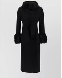 Valentino Garavani - Double Breasted Belted Coat With Faux Fur - Lyst