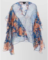 Etro - Silk Floral-Print Ruffled V-Neck Long-Sleeve Blouse - Lyst