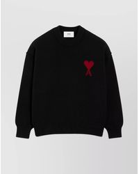 Ami Paris Heart Logo Striped Wool Knit Sweater in Black for