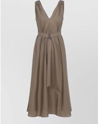 Brunello Cucinelli - Cotton Midi Dress Belted Sleeveless V Neckline - Lyst