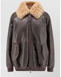 Brunello Cucinelli - Leather Jacket Shearling Collar Snap Pockets - Lyst