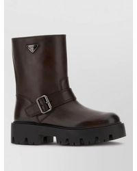 Prada - Leather Ankle Boots Chunky Heel Round Toe - Lyst