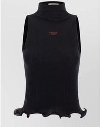 Fendi - Cotton Ribbed High-Neck Ruffled Sleeveless Top - Lyst