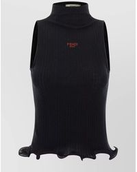 Fendi - Cotton Ribbed High-Neck Ruffled Sleeveless Top - Lyst