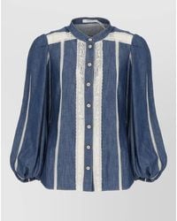 Zimmermann - Denim Lace-Panel Long-Sleeve Blouse - Lyst