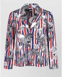 Thom Browne - Silk Striped Logo Print Single-Breasted Long-Sleeve Blazer - Lyst