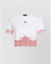 Dolce & Gabbana - Cropped T-Shirt With Lace Trim And Logo - Lyst