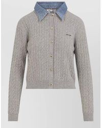 Miu Miu - Cropped Cardigan Cable Knit Denim Collar - Lyst