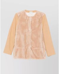 forte_forte - Wool Faux Fur Panel Round Neck Long Sleeve Coat - Lyst