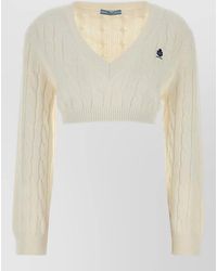 Prada - Cropped Cotton Sweater V Neck Cable Knit - Lyst