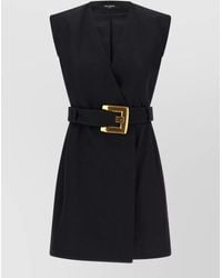 Balmain - Virgin Wool Sleeveless V-Neck Belted Wrap Mini Dress - Lyst