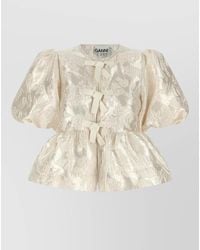 Ganni - Satin Jacquard Peplum Short-Sleeve Blouse - Lyst