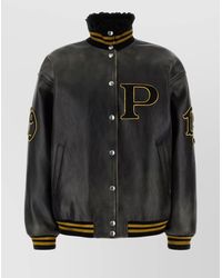 Prada - Leather Jacket With Embroidered Patches And High Collar - Lyst