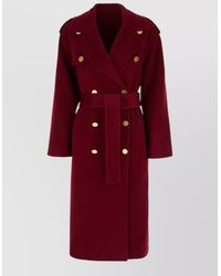 Alberta Ferretti - Wool Blend Coat Belted Waist Epaulettes - Lyst