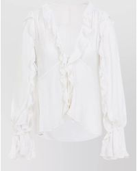 Alberta Ferretti - Silk Creponne Ruffled V-Neck Long-Sleeve Blouse - Lyst