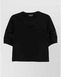 Emporio Armani - Cotton Crew Neck Sweater Sheer Sleeves - Lyst