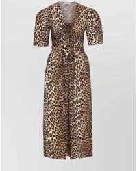 Ganni - Organic Cotton Leopard-Print V-Neck Short-Sleeve Midi Dress - Lyst