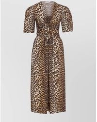 Ganni - Organic Cotton Leopard-Print V-Neck Puff-Sleeve Bow-Detail Midi Dress - Lyst