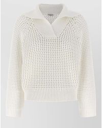 Brunello Cucinelli - Openwork V-Neck Shirt Collar Cotton Blend Jumper - Lyst