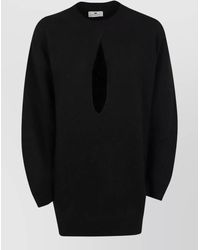 Elisabetta Franchi - Wool Cashmere Ribbed Cutout Long-Sleeve Knee-Length Knit Dress - Lyst