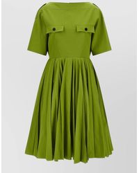 Prada - Cotton Chino Boat Neck Short Sleeve Pleated Midi Dress - Lyst