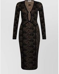 Elisabetta Franchi - Patterned Deep V-Neck Long-Sleeve Midi Dress - Lyst