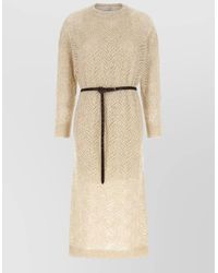 Brunello Cucinelli - Leaf Motif Knit Midi Dress Belted - Lyst