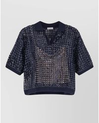 Brunello Cucinelli - Silk And Linen Openwork Sequin Short-Sleeve Polo Shirt - Lyst