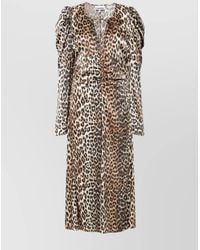Ganni - Leopard Print Ruched V-Neck Midi Dress - Lyst