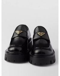 Prada - Brushed Leather Loafers Rubber Sole Logo - Lyst