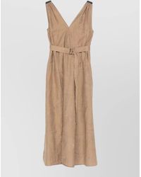 Brunello Cucinelli - V-Neck Belted Midi Dress - Lyst