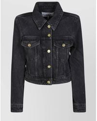 Ganni - Textured Denim Crop Jacket With Flap Pockets - Lyst