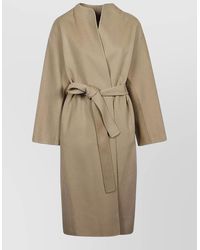 Sandbeige - Wool Midi Coat Mandarin Collar Belt - Lyst