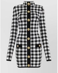 Balmain - Checked Knit Long-Sleeve High-Neck Mini Dress - Lyst