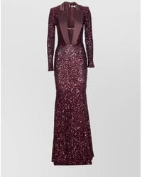 Elisabetta Franchi - Sequins V-Neck Floor-Length Dress With Long Sleeves - Lyst