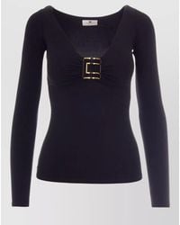 Elisabetta Franchi - Viscose Slim-Fit Long-Sleeve Gathered V-Neck Top - Lyst
