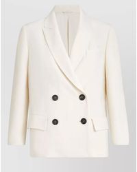 Brunello Cucinelli - Linen Viscose Cropped Double-Breasted Blazer - Lyst