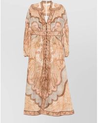 Zimmermann - Linen Printed V-Neck Long-Sleeve Midi Dress - Lyst