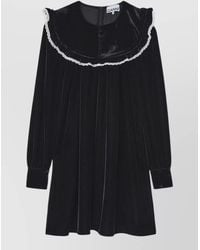 Ganni - Velvet Mini Dress Long Sleeves Lace Trim - Lyst