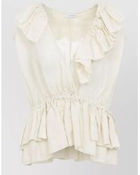 Dries Van Noten - Ramie V-Neck Ruffled Sleeveless Asymmetric Blouse - Lyst