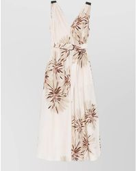 Brunello Cucinelli - Cotton Floral-Print Sleeveless V-Neck Midi Dress - Lyst
