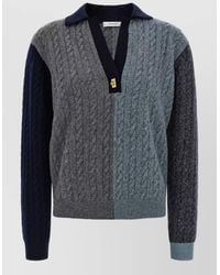 Ferragamo - Virgin Wool Color Block Cable-Knit V-Neck Polo Sweater - Lyst